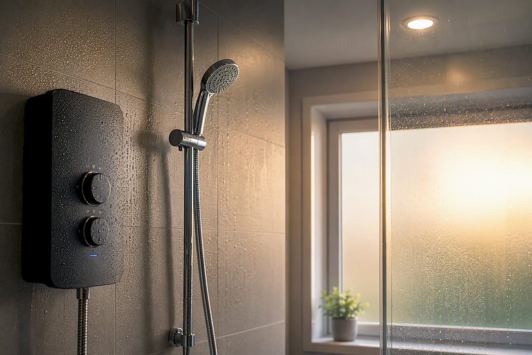 Electric shower control and waterproof light in bathroom zone