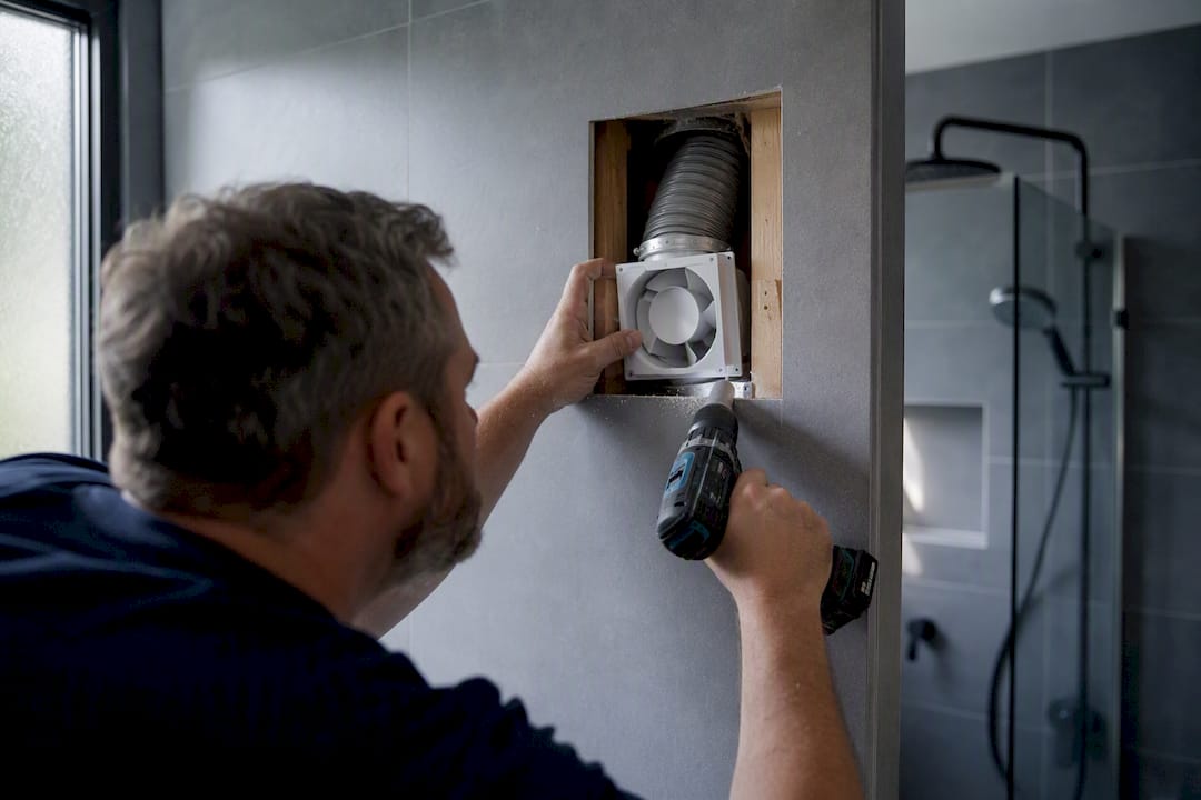 Hands installing bathroom ventilation extractor