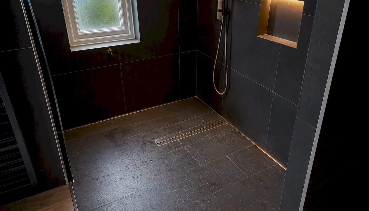 Modern walk-in doorless shower interior