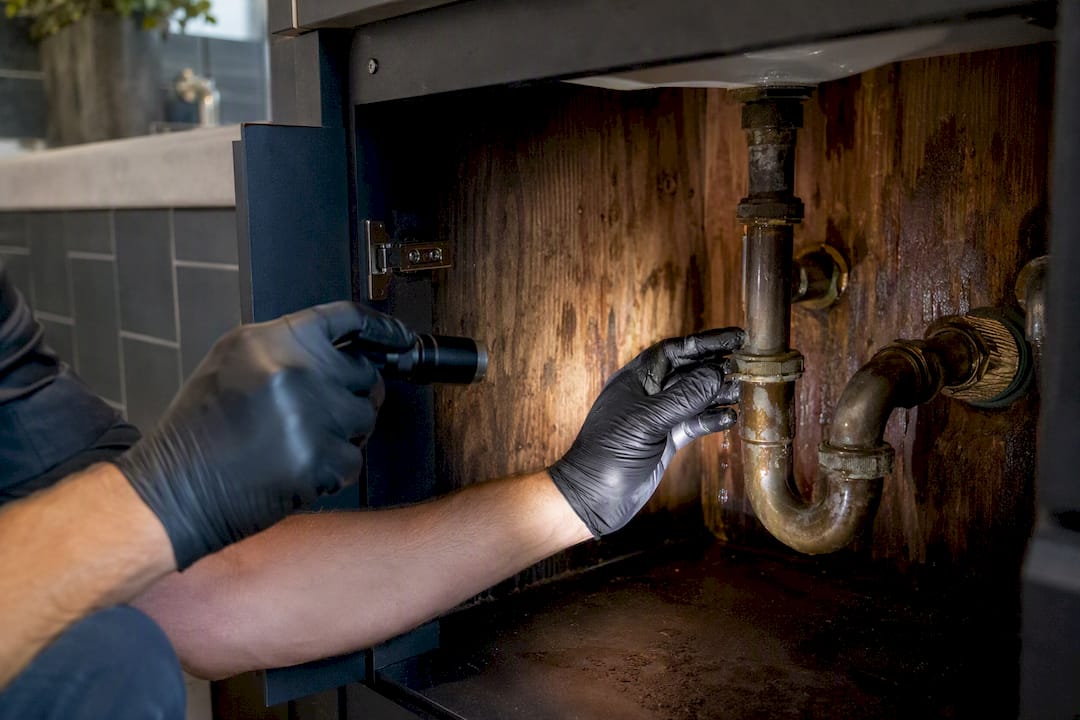 Plumber inspecting leak in bathroom pipe
