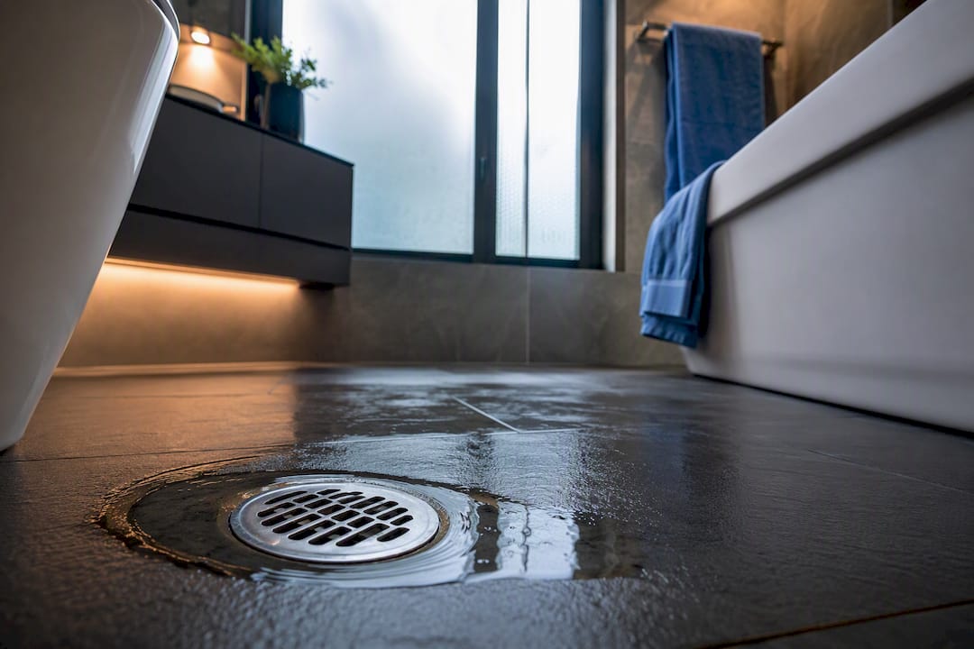 Bathroom floor drain showing sewer backup warning
