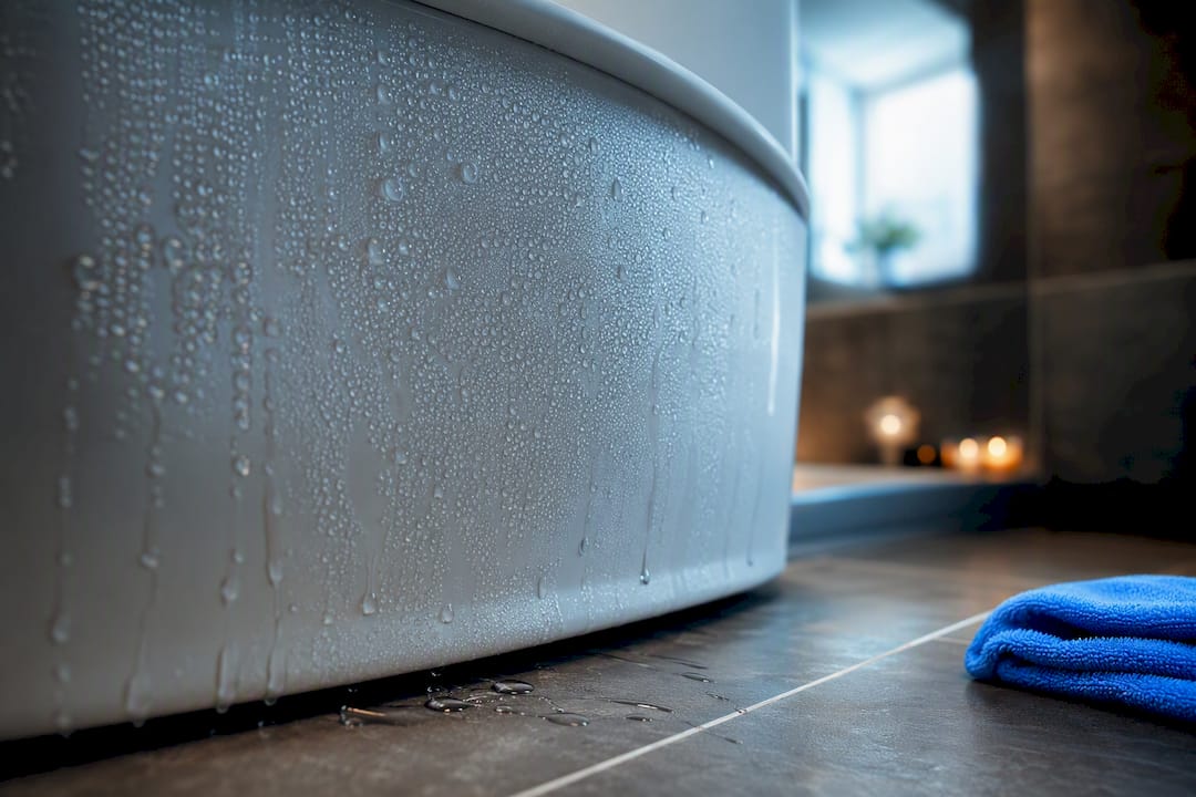 Condensation beads forming on toilet cistern