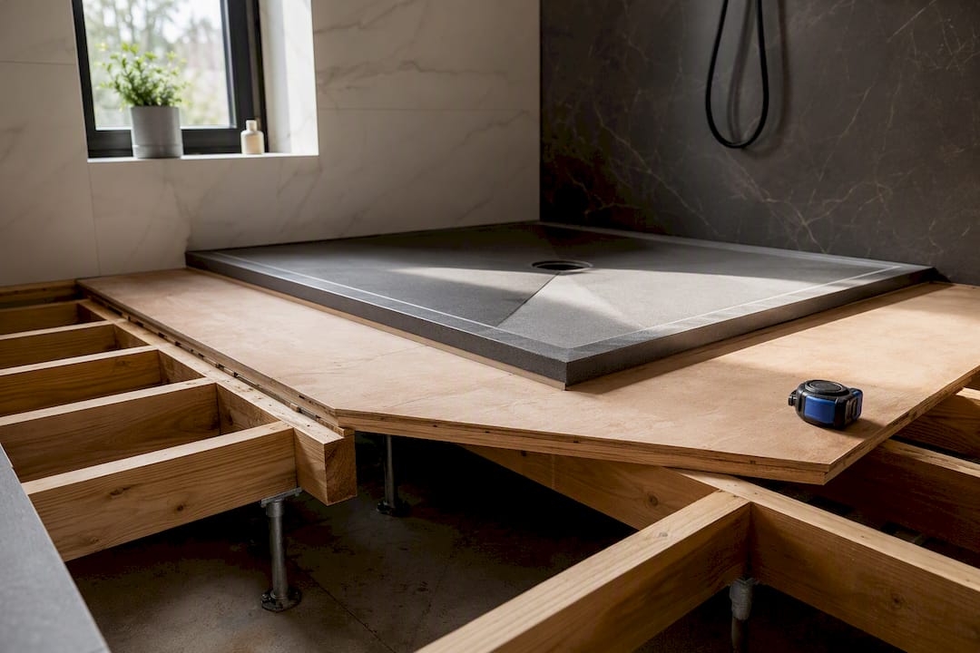 Wet room former on suspended timber floor