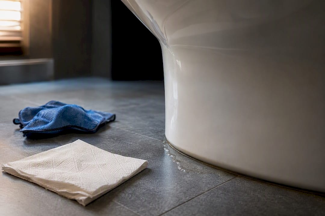 Damp area at base of toilet bowl