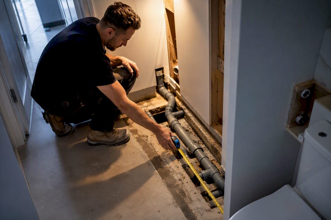 Plumber assessing downstairs toilet drainage route