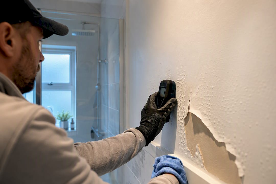 Moisture meter beside peeling bathroom paint