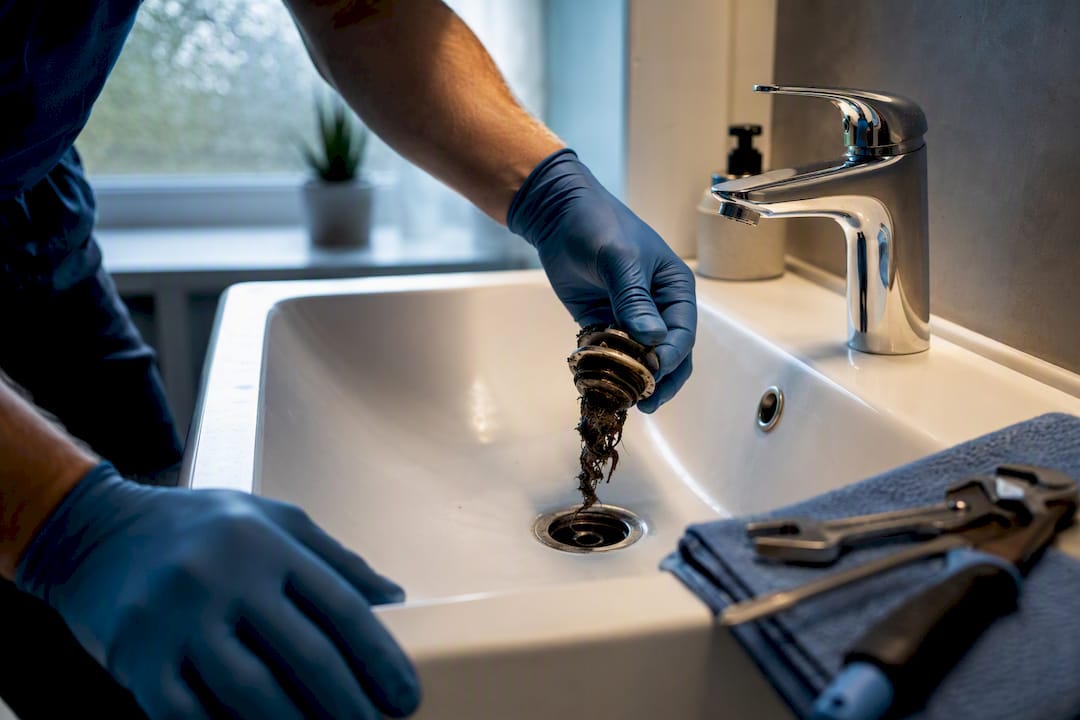 Plumber clearing a blocked bathroom sink