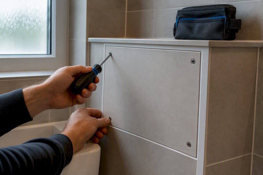 Screw-fixed bathroom pipe access panel