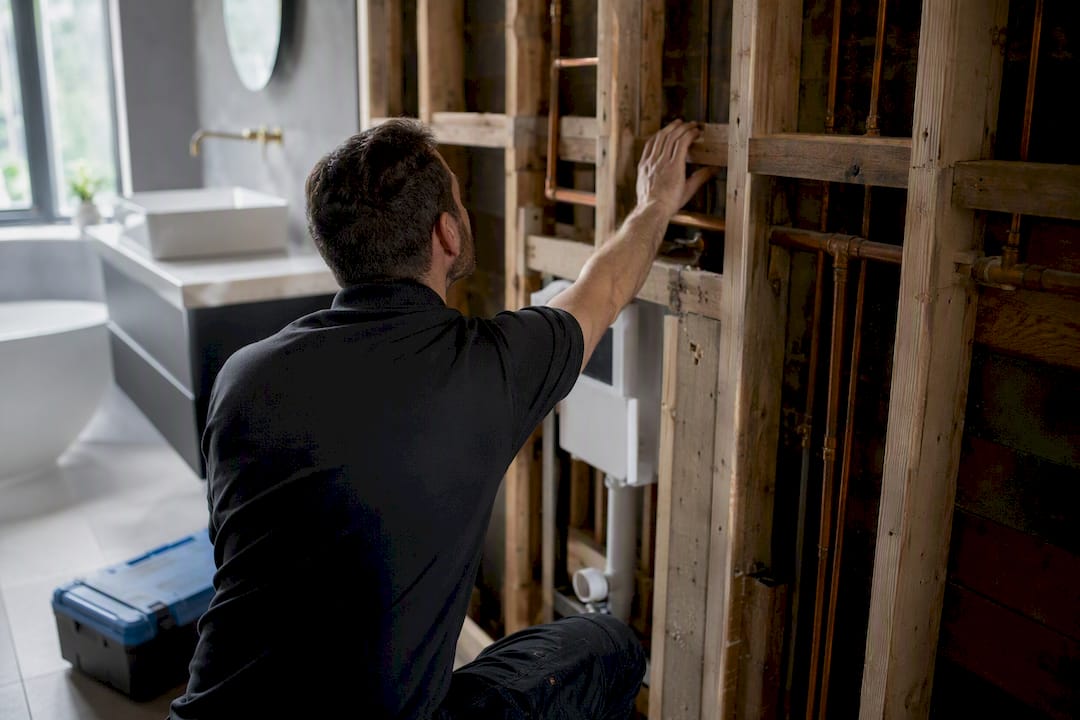 Contractor inspecting bathroom pipes and joists