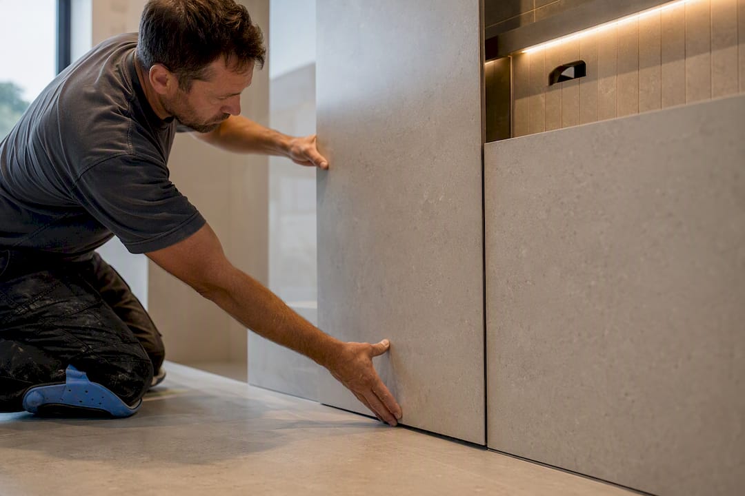 Large porcelain tiles positioned in modern wet room