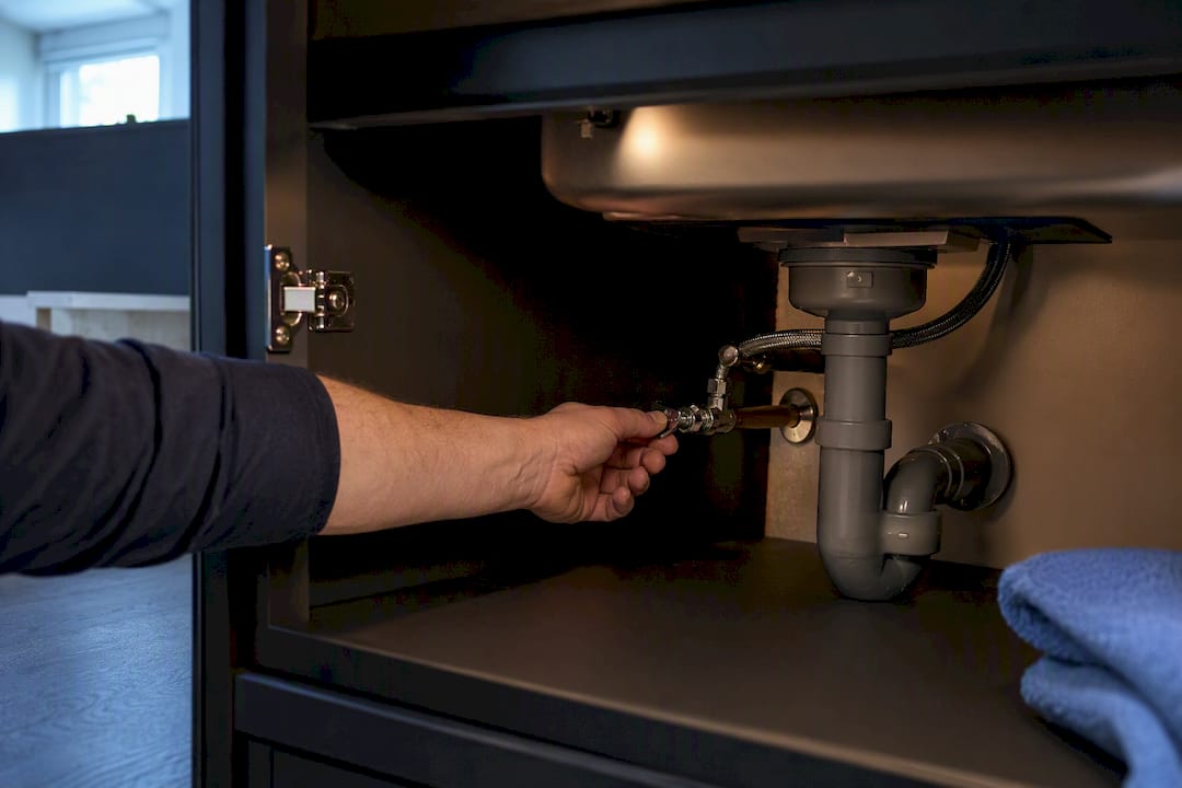 Hand turning stopcock beneath kitchen sink