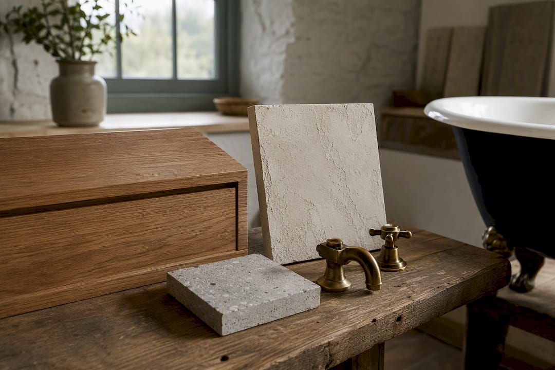 Sustainable timber stone limewash and brass samples
