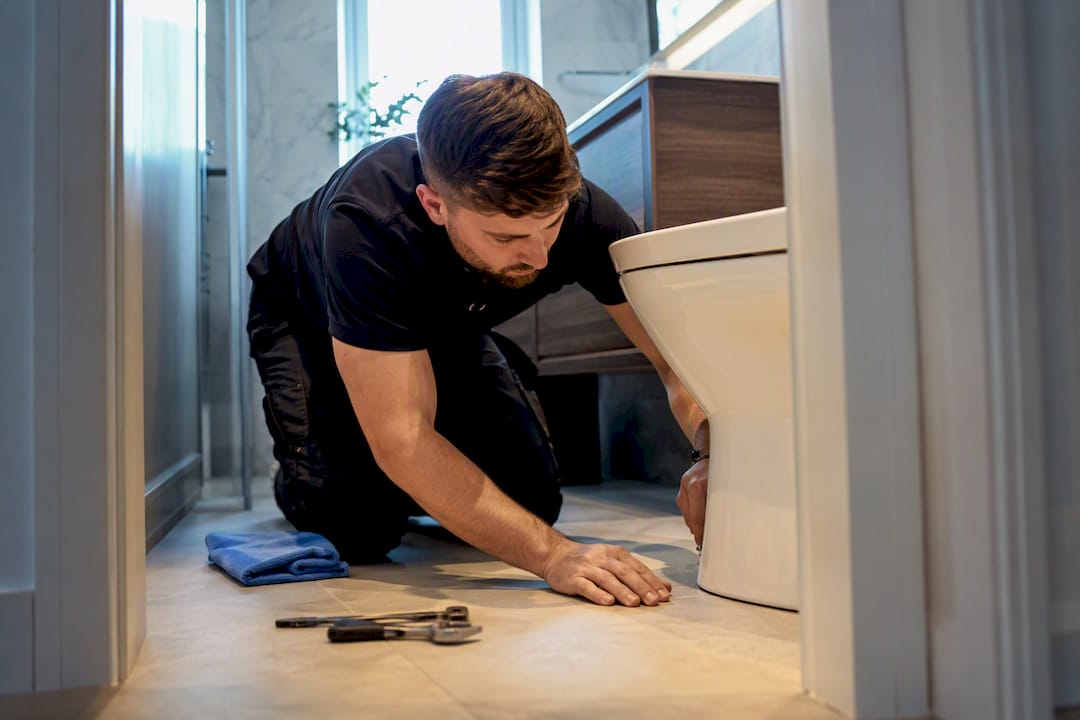 Plumber checking a toilet replacement installation