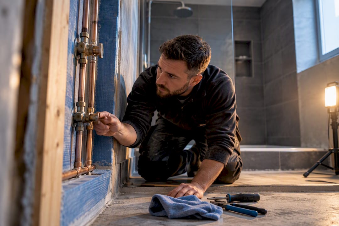 Exposed bathroom plumbing during leak inspection