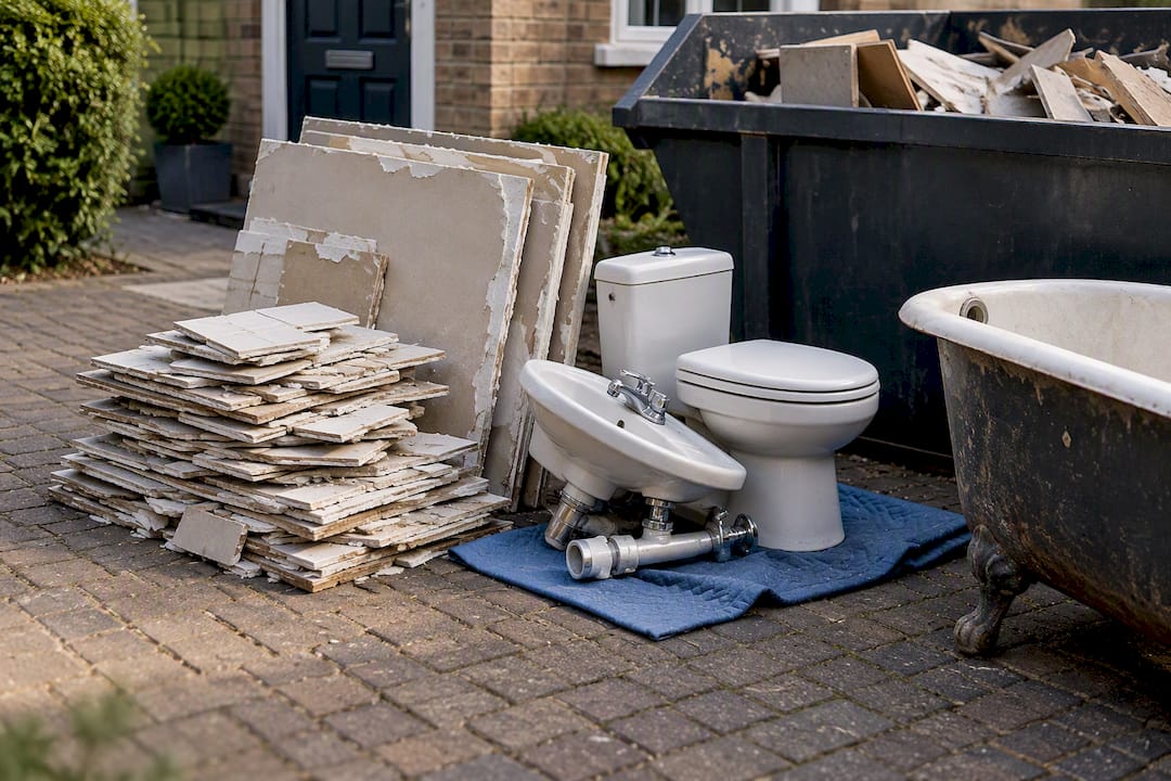 Sorted bathroom demolition waste awaiting disposal