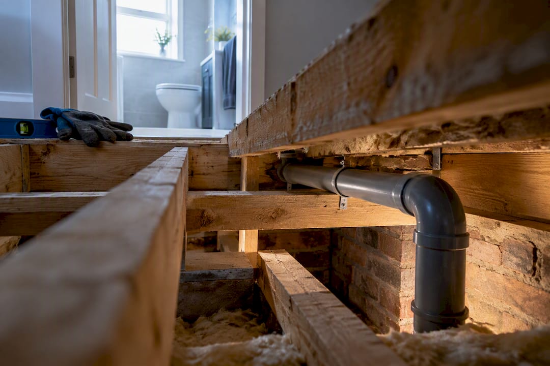 Opened upstairs floor showing bathroom drainage route