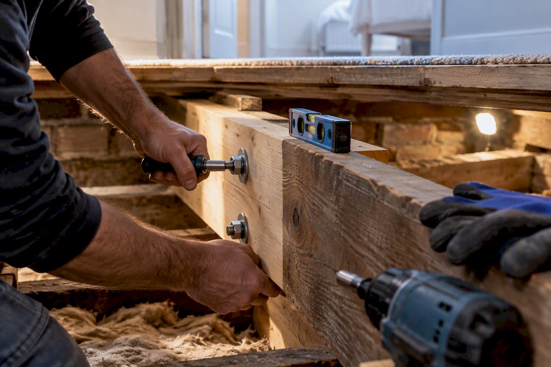 Timber joists reinforced with sistered supports