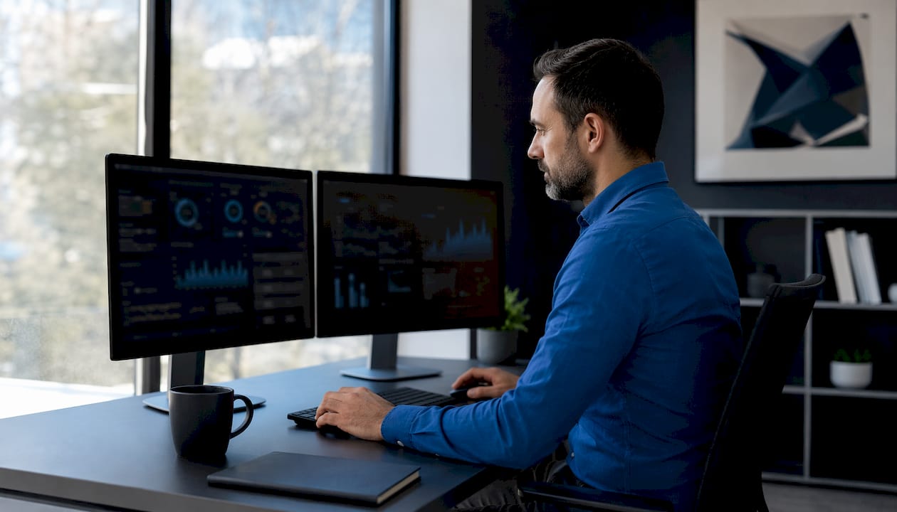 Close-up hands monitoring AI performance printouts