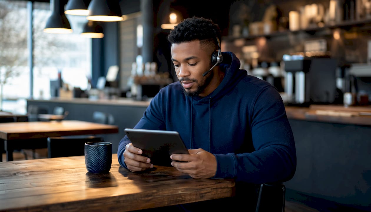 Operator using conversational AI at workstation