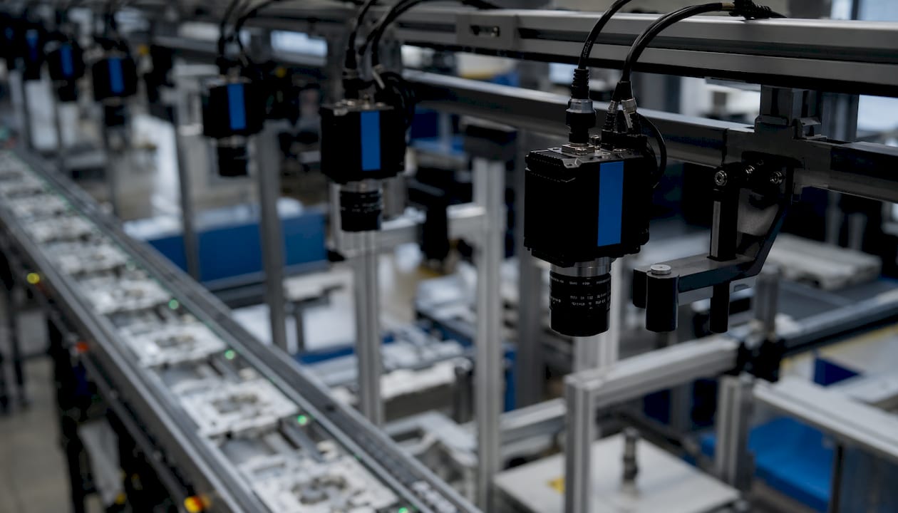 Industrial cameras inspecting parts on conveyor