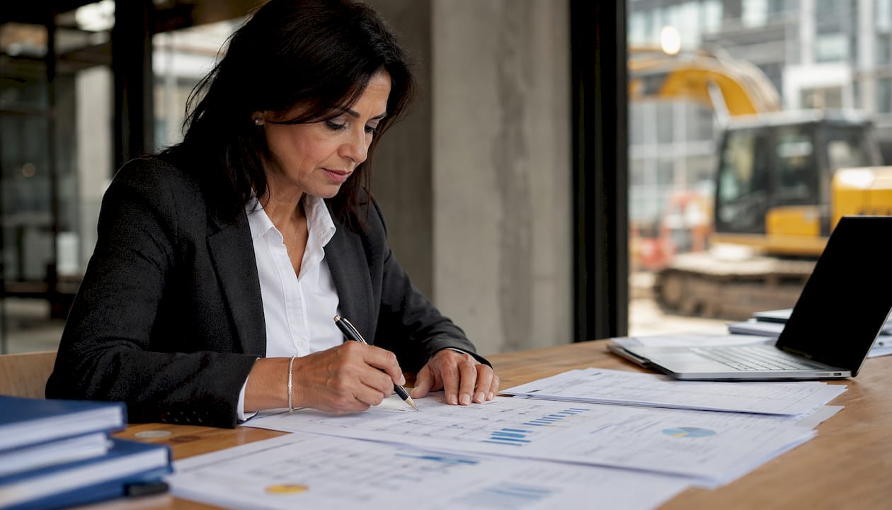 Hands marking printed invoice documents on desk