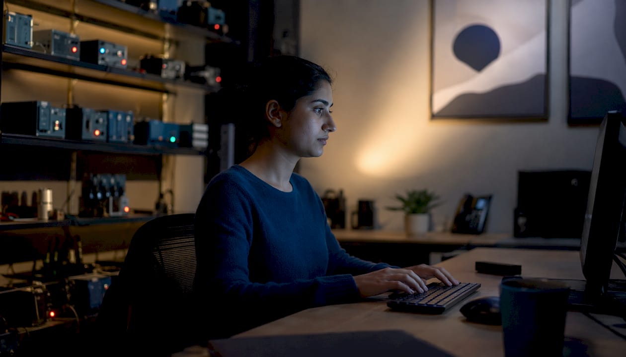Data analyst working in AI sensor control room