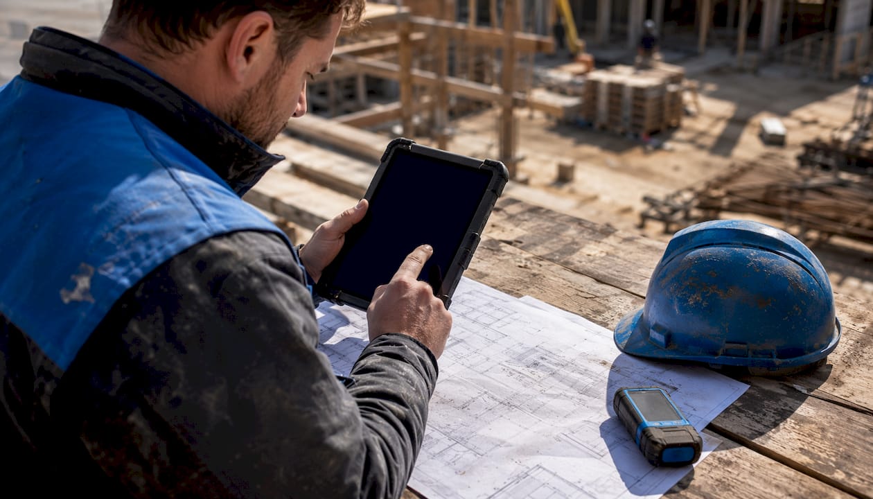 Engineer holding tablet with construction plans and tools