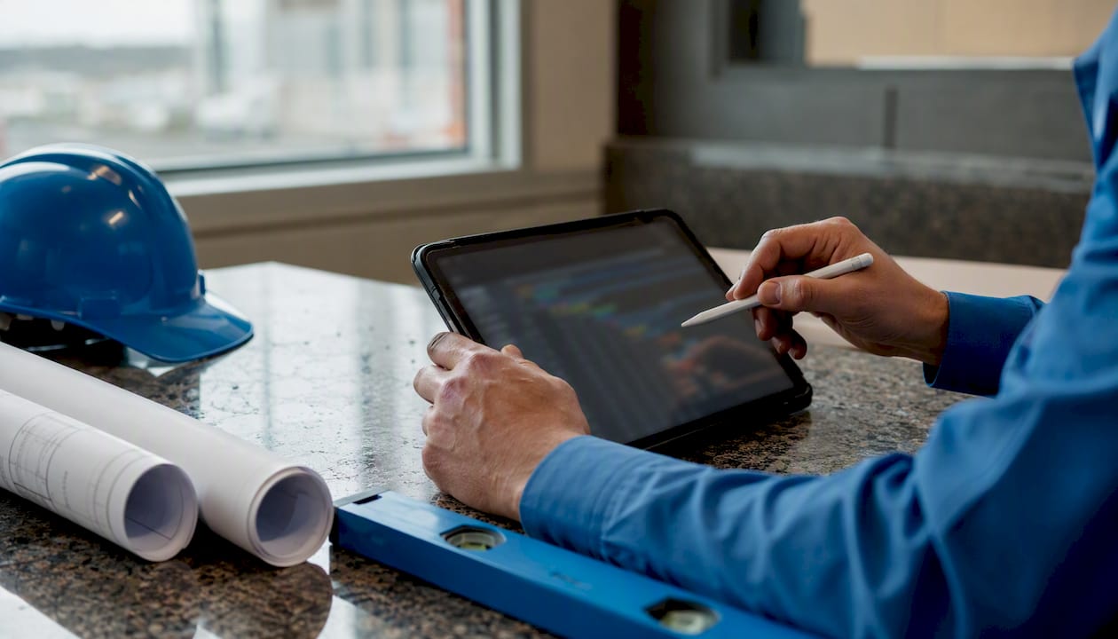 Hands using tablet to manage construction schedule