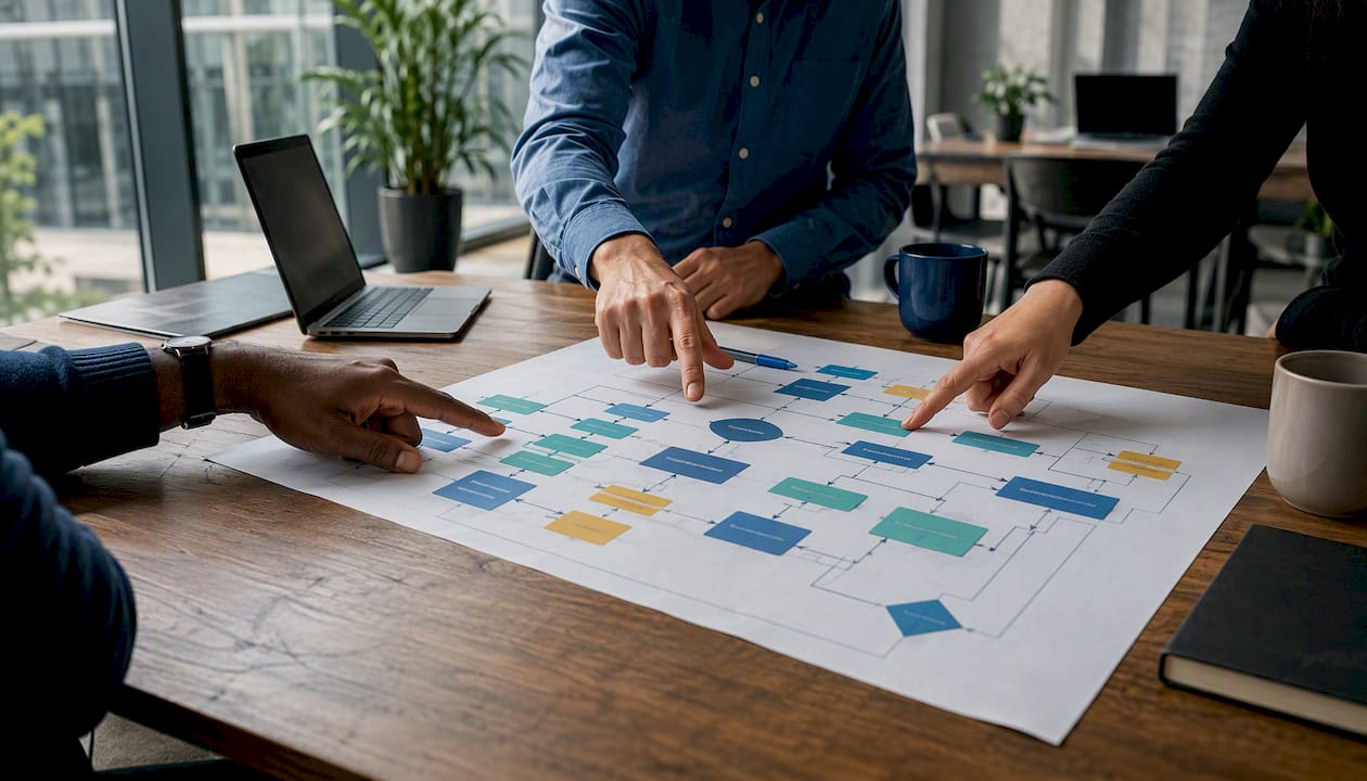 Hands pointing at AI build-buy-boost decision flowchart