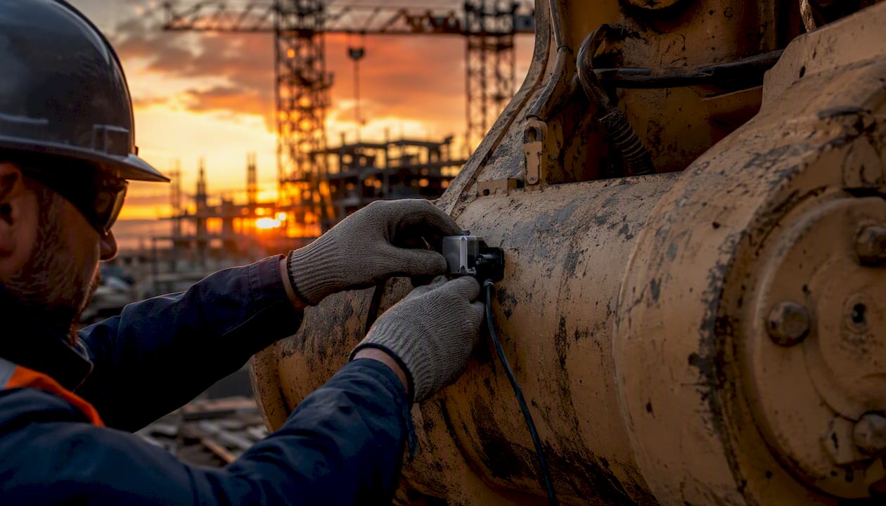 Technician placing sensor on construction equipment