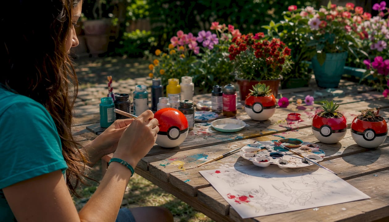 Close-up of hands crafting Pokémon decor