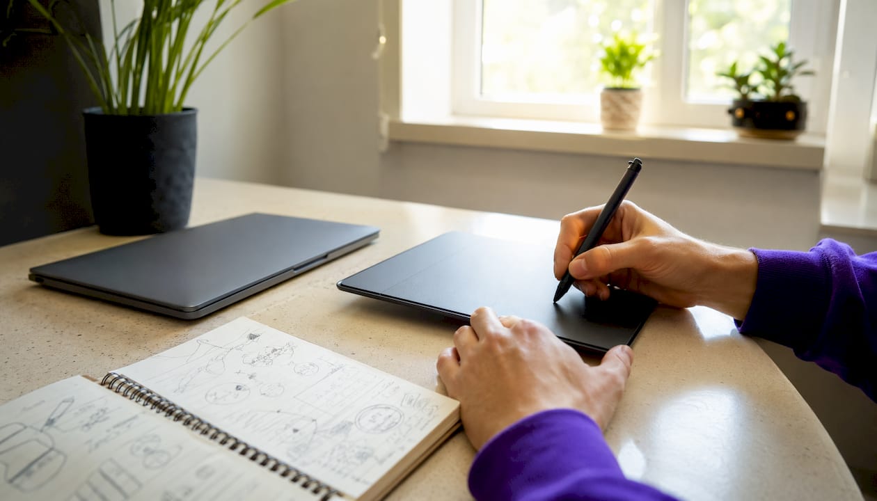 Aus der Nähe fotografierte Hände, die mit einem Stift auf einem Tablet arbeiten