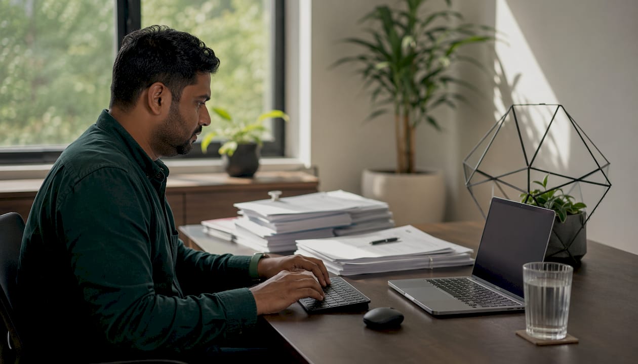 Hands typing invoice data on keyboard