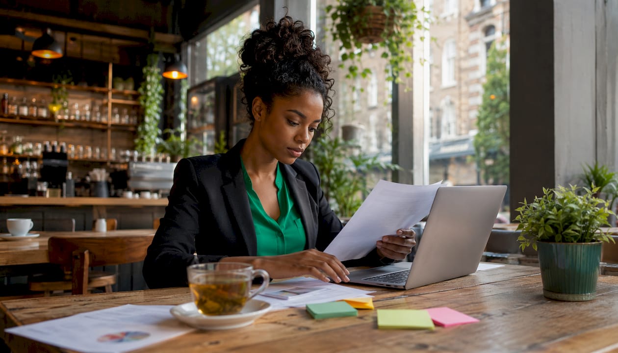 Businesswoman reviewing sales order documents