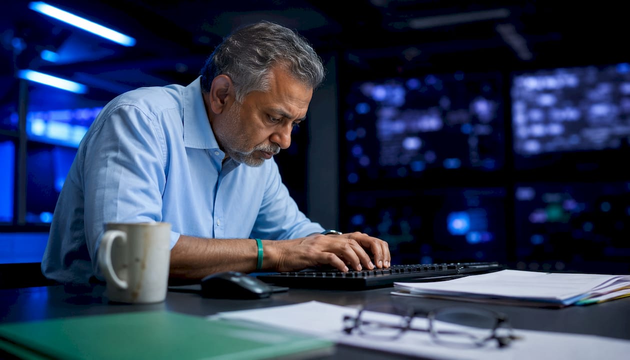 Cybersecurity professional at standing desk