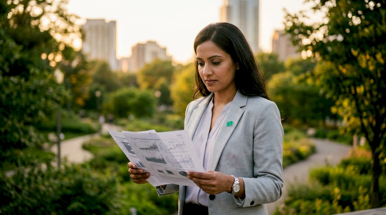 Businesswoman reviewing AI readiness documents in office