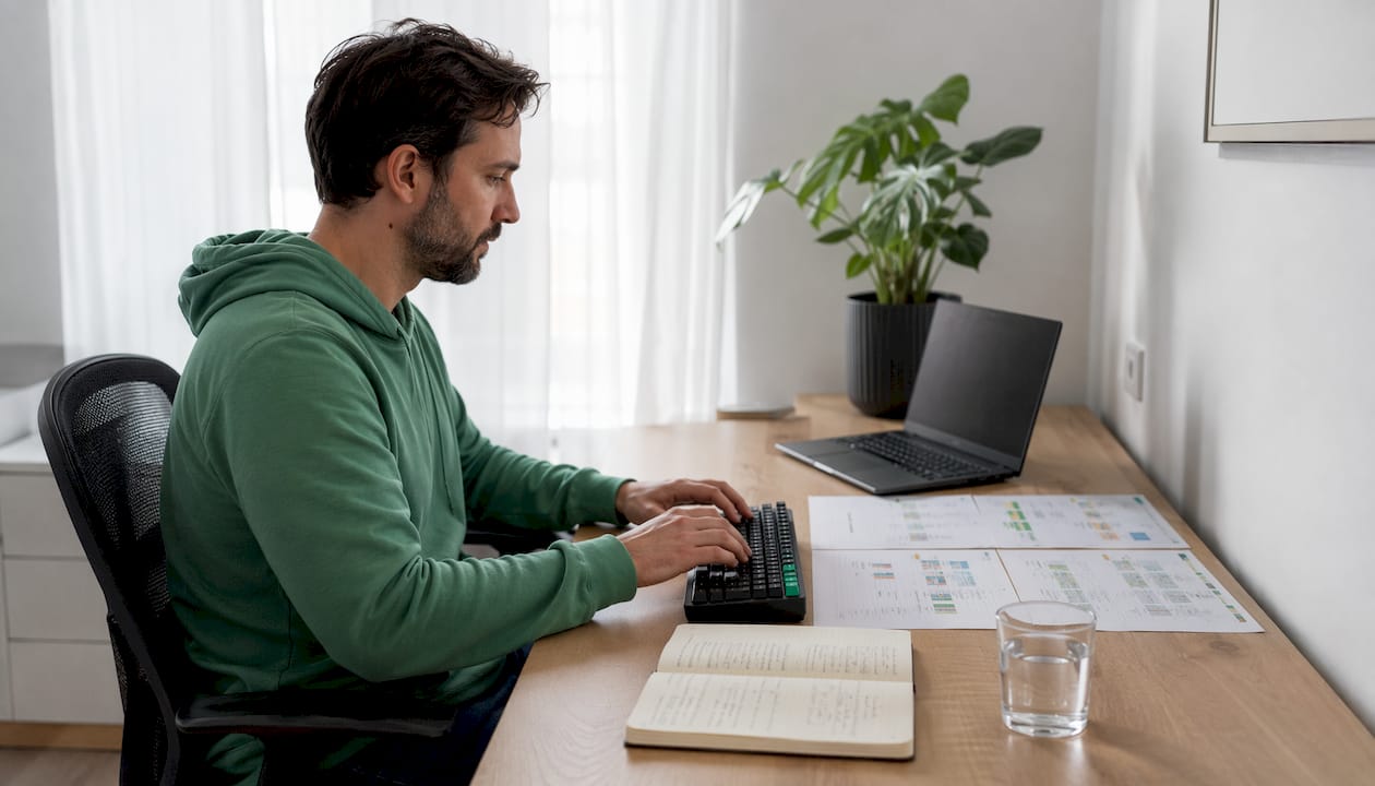 Hands typing with AI platform comparison charts on desk