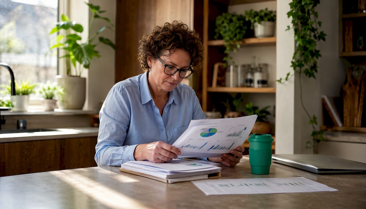 Data analyst reviewing insurance reports in London office