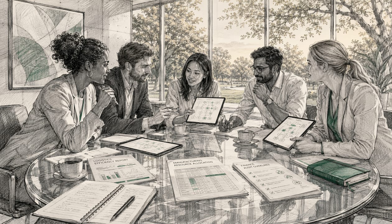 Professionals reviewing automation workflows in office