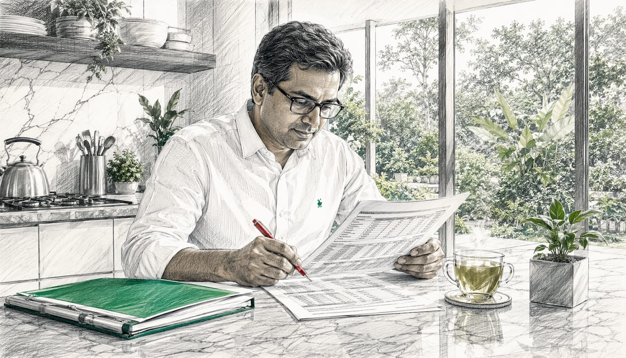 Man reviewing printed PDF tables at desk