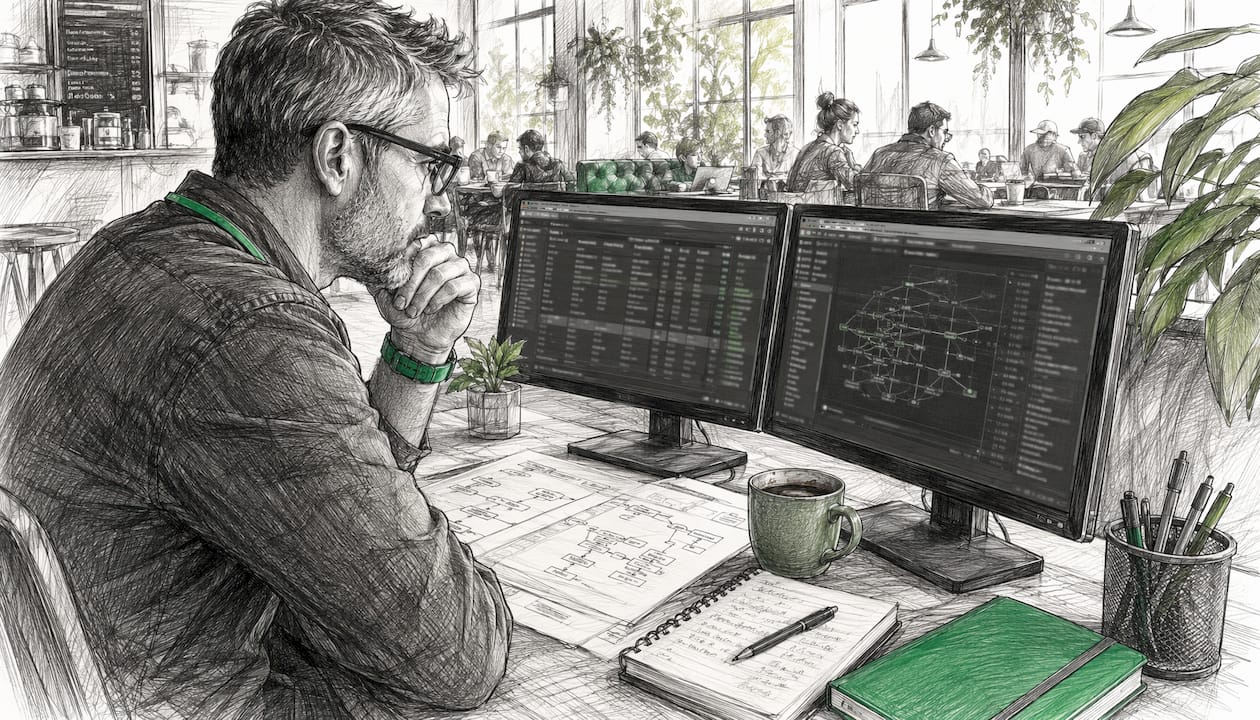 Man analyzing process mining data on dual monitors