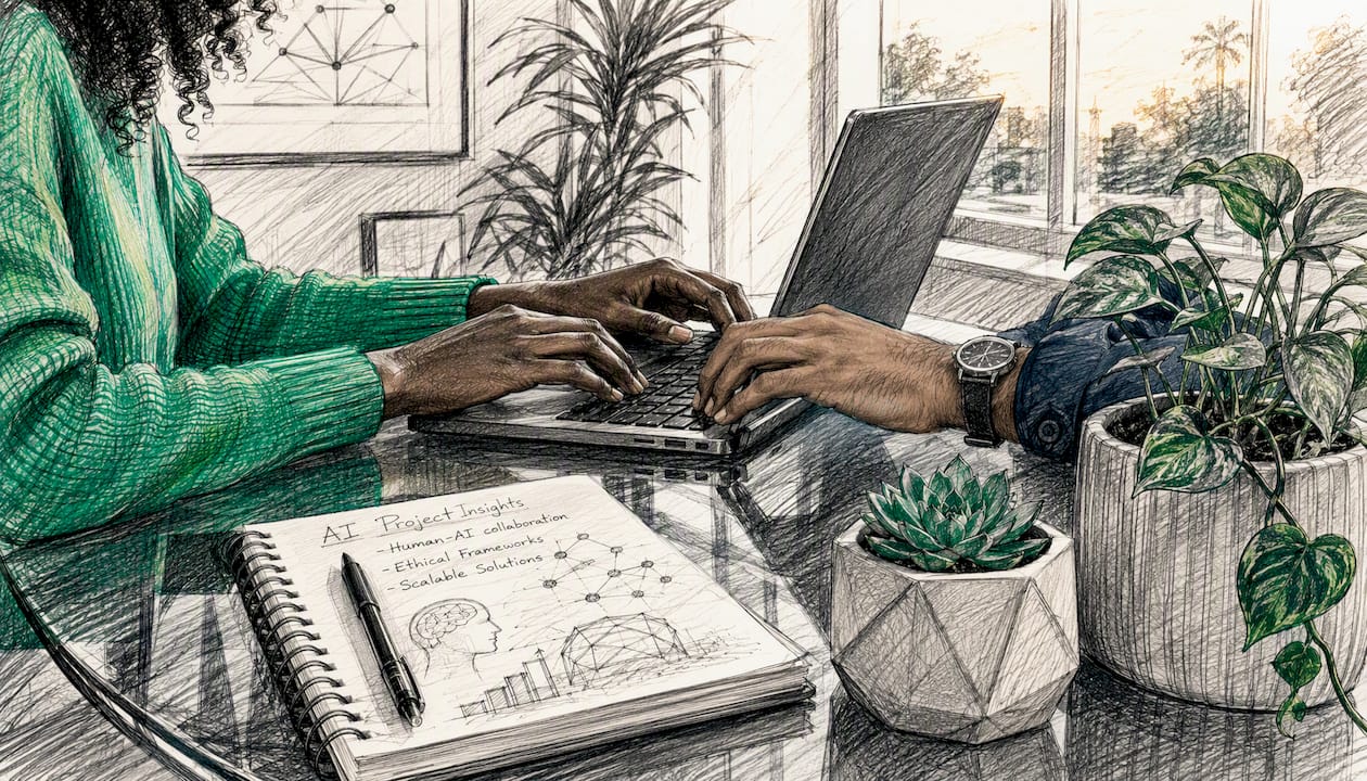 Close-up of hands typing on laptop researching AI platforms