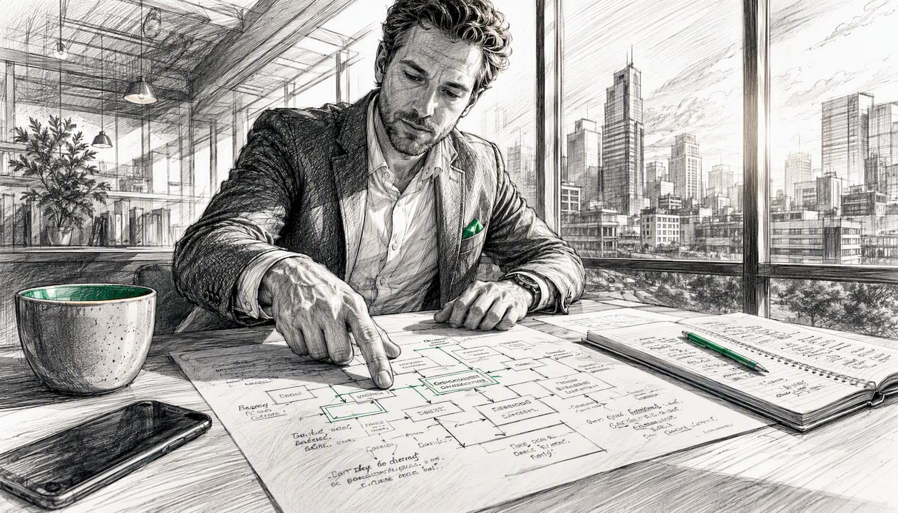 Operations manager reviewing AI agent architecture documents