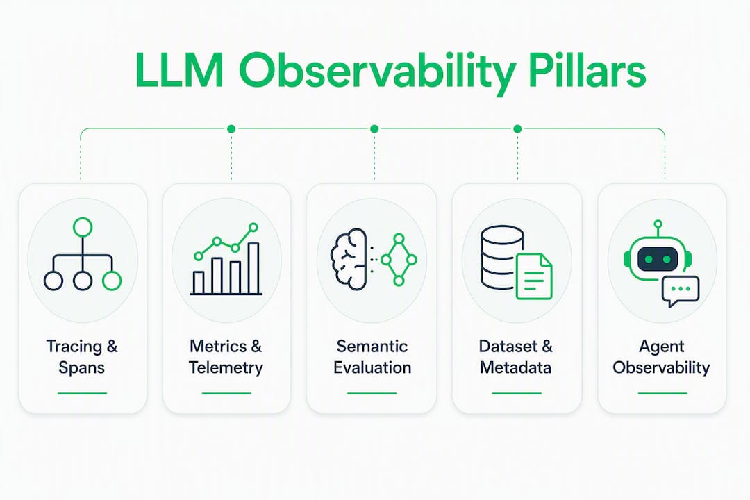 Infographic showing core pillars of LLM observability