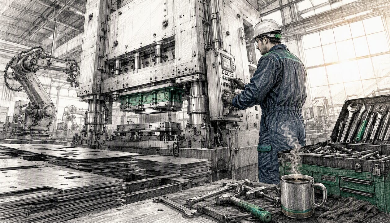 Technician inspecting stamping press in automotive shop