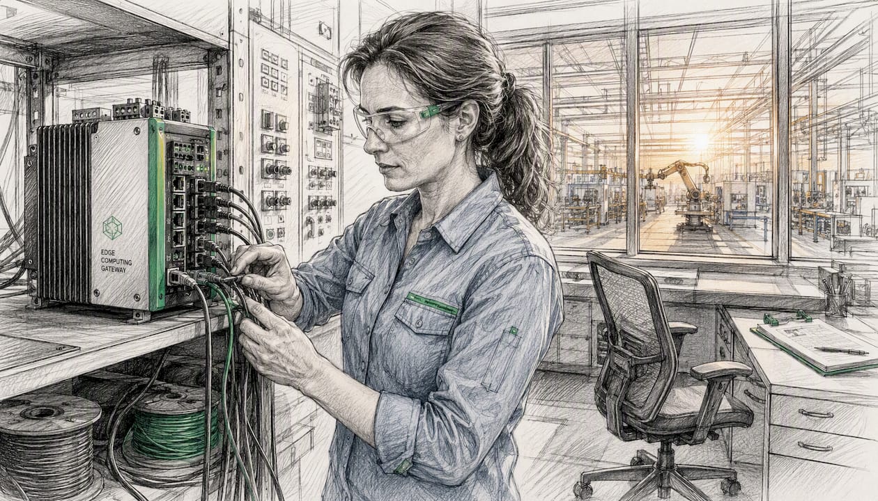 Engineer connecting sensor to edge gateway on factory floor