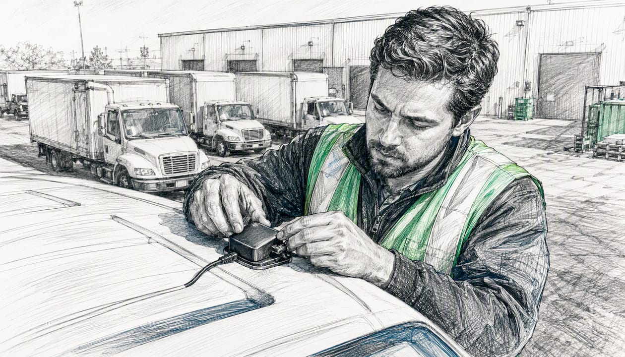 Technician with GPS tracker on vehicle roof
