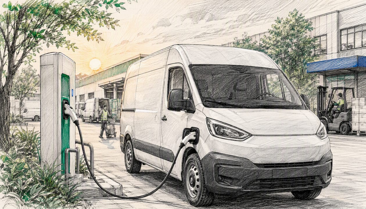 Electric delivery van charging at depot