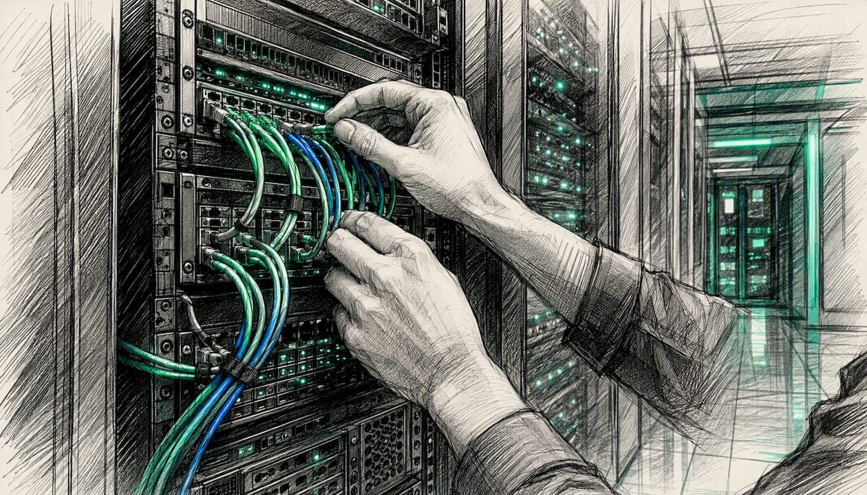 Technician hands adjusting network cables in server room