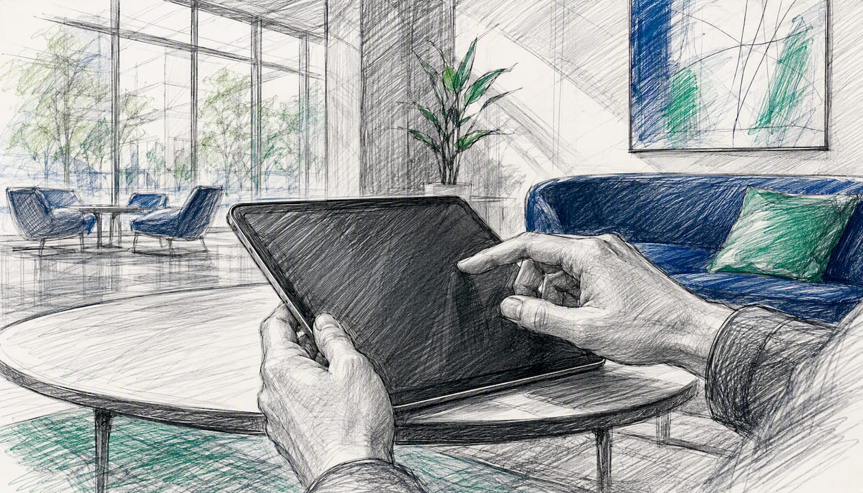 Hands interacting with device in data streaming monitor setup